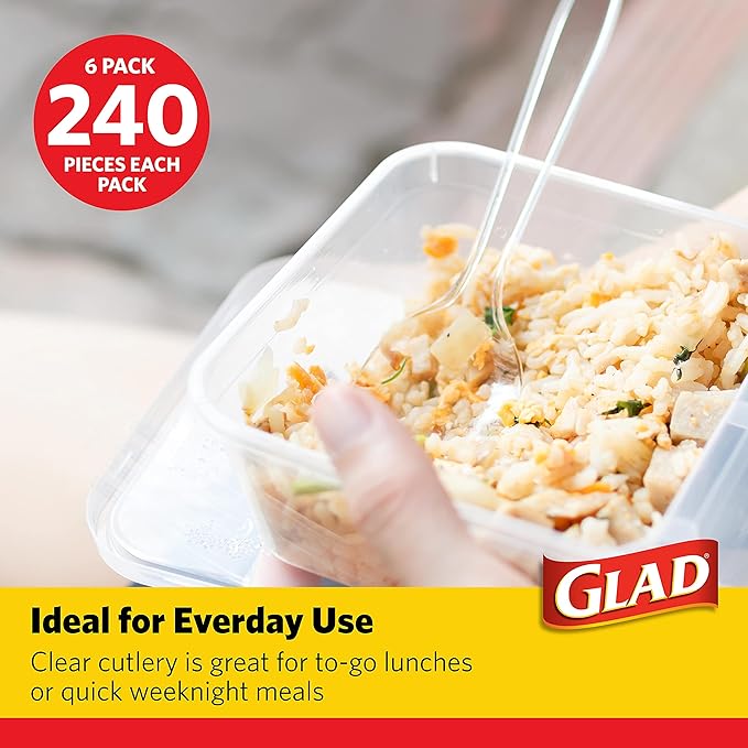 Glad Clear Disposable Cutlery Set with Heavy Duty Plastic Forks, Knives, and Spoons, Reusable Dishwasher Safe Plastic Utensils for Parties and Everyday Use, 240 Count - 6 Pack