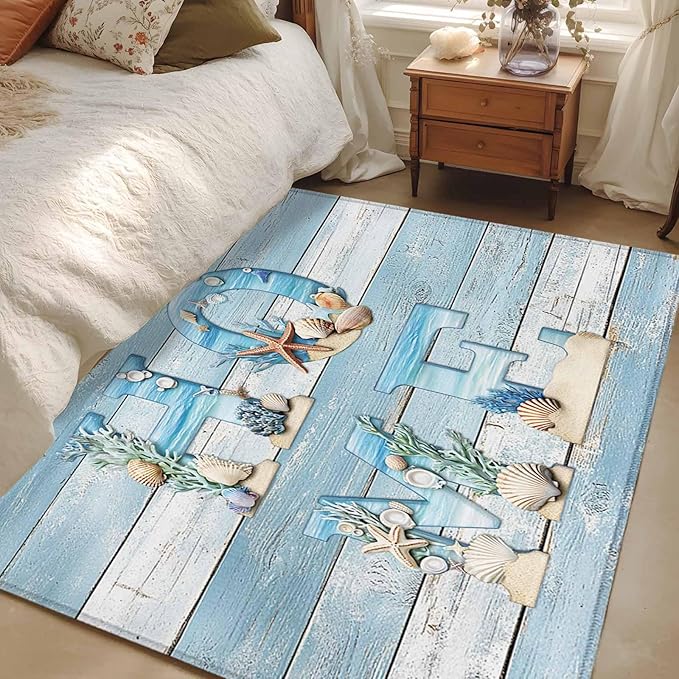 Area Rug 3x5ft, Summer Ocean Beach Shell Home Quote Washable Rugs for Living Room Bedroom, Farm Blue Wood Board Soft Non-Slip Area Rugs Rectangle Floor Carpet for Dining Room