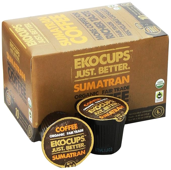 EKOCUPS Organic Sumatra Coffee Pods, Extra 30% More Coffee Per Cup, Fair Trade Dark Roast, Sumatran Reserve Blend for Keurig K Cup Machines, Recyclable Pods, 40 Count (Pack of 2)