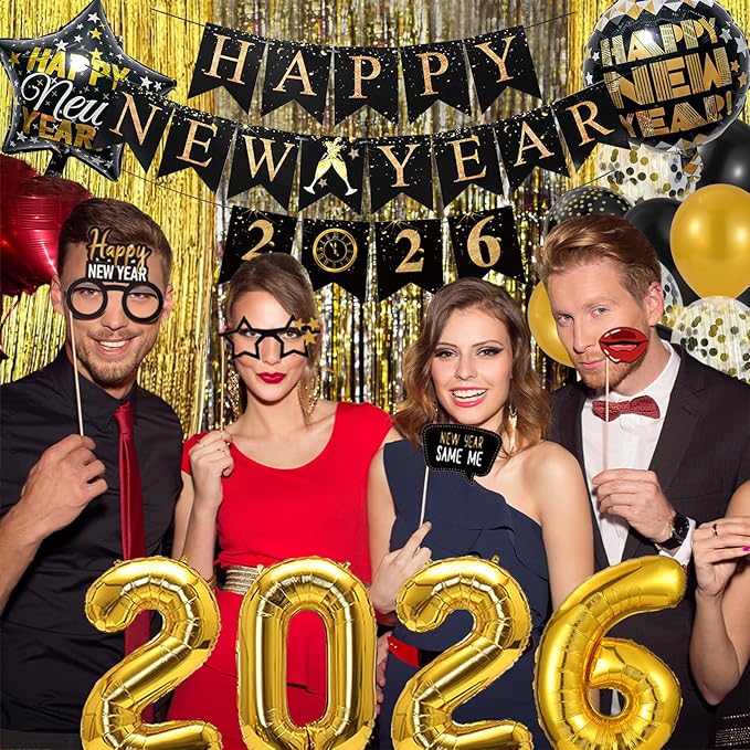 New Years Eve Party Supplies 2026, Black Gold New Years Foil Balloon Decorations Banner Hats Glasses Noisemakers Blowouts Curtains Numbers 2026 Balloons Photo Props for NYE Party Decorations