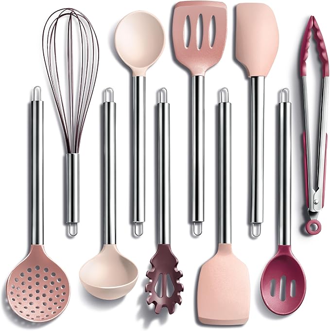 COOK WITH COLOR Silicone Cooking Utensils, Kitchen Utensil Set, Easy to Clean Silicone Kitchen Utensils, Cooking Utensils for Nonstick Cookware, Kitchen Gadgets Set, 10 Pieces, Rose