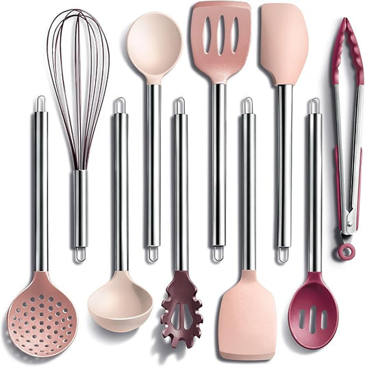 COOK WITH COLOR Silicone Cooking Utensils, Kitchen Utensil Set, Easy to Clean Silicone Kitchen Utensils, Cooking Utensils for Nonstick Cookware, Kitchen Gadgets Set, 10 Pieces, Rose