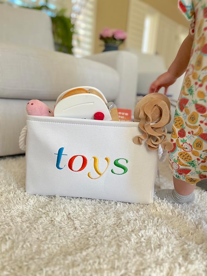 APPLE PIE ORDER Nursery basket, Storage & organizer Bin for Baby, Diapers, Wipes, Books, Toys. White Canvas fabric Decorative Box with Embroidering. (Toys - colorful, Medium)