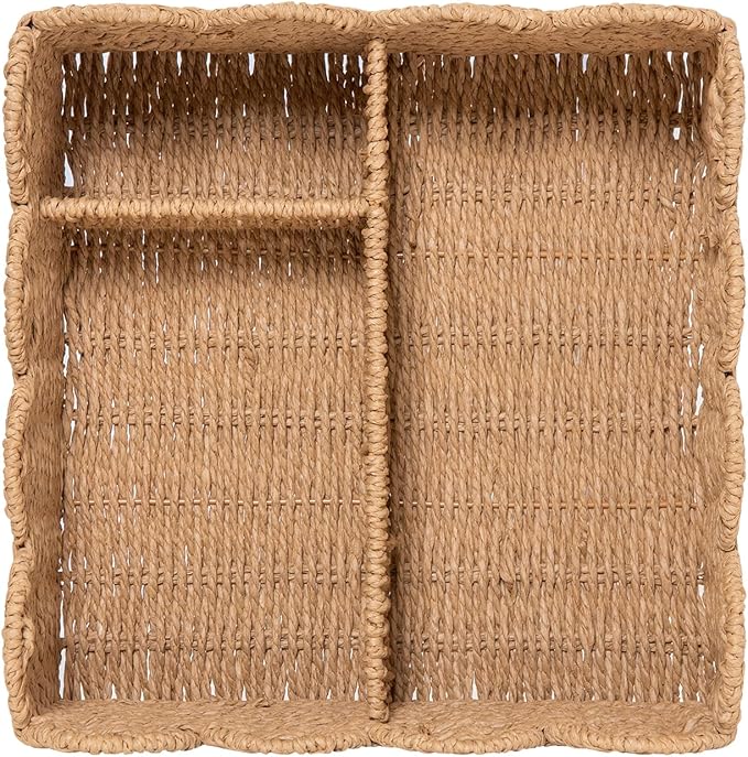 Rattan Divided Scalloped Basket,Wicker Diaper Caddy Scalloped Baske,Woven Natural Basket with 4 Dividers,Suitable for Baby Rooms, Bathrooms, Bedrooms (Paper Rope)