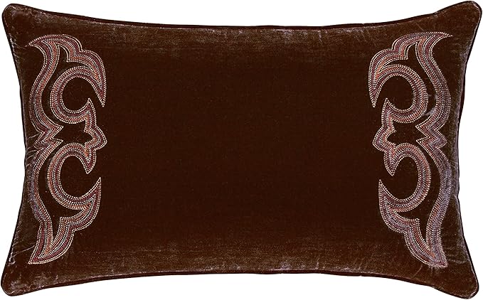 HiEnd Accents Stella Faux Silk Velvet Boot Stitch Lumbar Pillow, 14x24 inch, Copper Brown, Romantic Western Modern Traditional Style Luxury Bedding, Decorative Throw Pillow