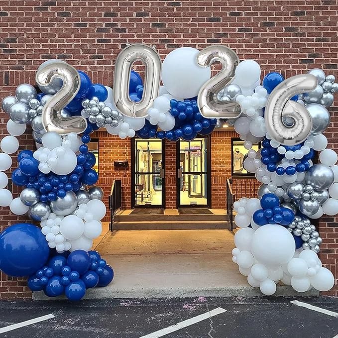 Graduation Decorations Class of 2026: Navy Blue and Silver Graduation Balloon Arch Garland Kit and Silver Confetti Balloons Congrats Grad Banner 2026 Foil Balloon