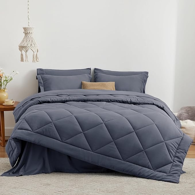 Love's cabin California King Comforter Set Navy Blue, 7 Pieces California King Bed in a Bag, All Season Bedding Sets with 1 Comforter, 1 Flat Sheet, 1 Fitted Sheet, 2 Pillowcase and 2 Pillow Sham | Soft, Breathable, Lightweight, Comfortable