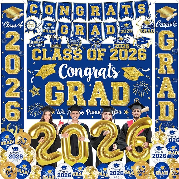 Graduation Decorations Class of 2026 - Blue and Gold Party Supplies with Congrats Grad Backdrop & Banner, Hanging Swirls, Porch Sign, Balloons for Graduation Decorations bjb-2-lanjin