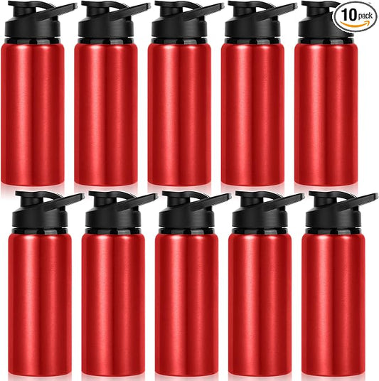 10 Pack Sports Aluminum Water Bottles, 20oz Leak Proof with Snap Lids for Travel, Camping, Gym, Hiking, Fishing (Red)