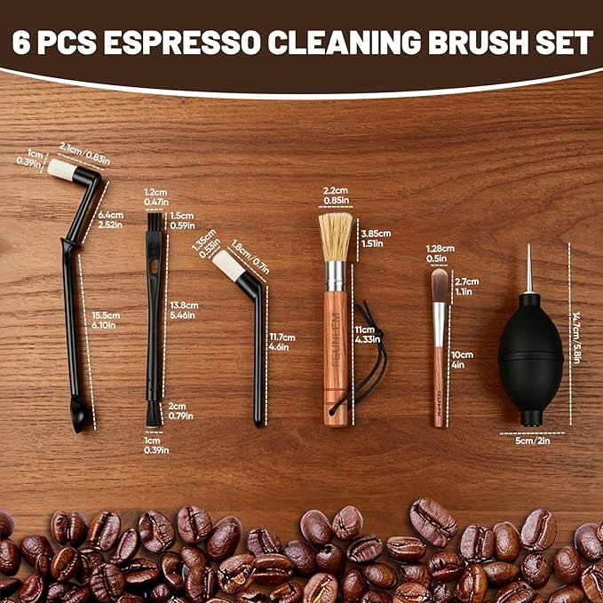 Coffee Grinder Cleaning Kit, Espresso Machine Brush Set - 6Pcs with Group Head Brush, Long-reach Brush, Walnut Wood Brush, Air Blower for Coffee Cleaner, Espresso Tools (Air Blaster+5 Brush)