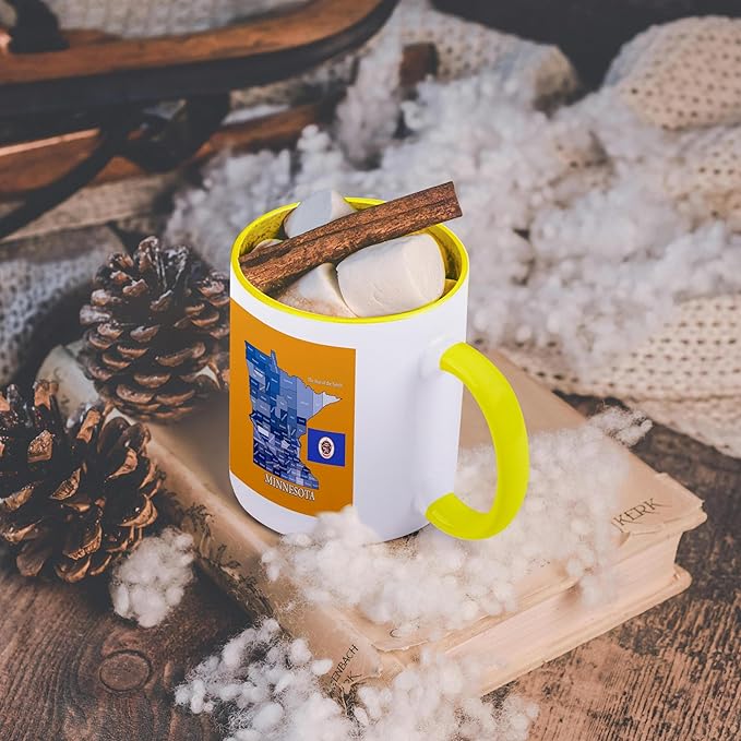 3dRose Flag, Map and motto of Minnesota with all counties labeled 15oz Two-Tone Yellow Mug