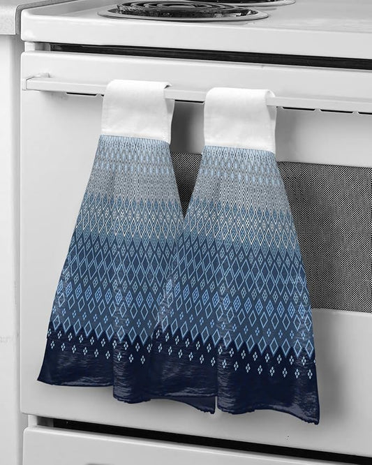 Alandar Home Kitchen Tie Towel Set of 2, Geometric Art Diamond Checker Absorbent Soft Hand Towels for Bathroom Hanging Towels, Modern Blue Ombre Gradient Fast Drying Cleaning Cloth with Loop