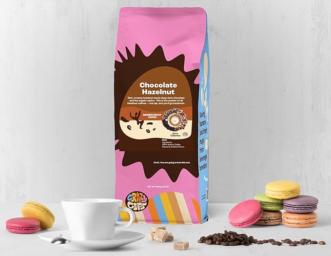 Crazy Cups Flavored Ground Coffee, Chocolate Hazelnut, Medium Roast, For Brewing Flavored Hot or Iced Coffee, 10 oz Bag