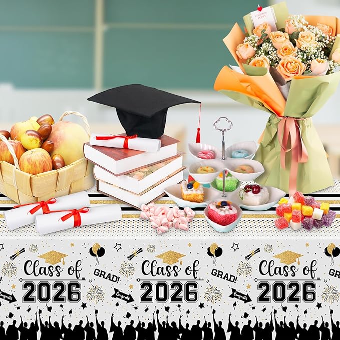 Graduation Decorations Class of 2026 Tablecloth - 3 Pcs Plastic Congrats Grad Table Cloth, Graduation Table Cover for Graduation Party Decorations 2026 and Party Supplies, 54"x108" (Black and Gold)