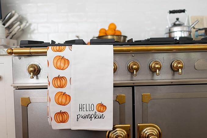 Pearhead Fall Pumpkin Tea Towels Set of 2, Autumn Kitchen Dish Towels with Hello Pumpkin Print and Pumpkin Pattern, Decorative Cotton Hand Towels for Cooking, Baking, and Seasonal Home Décor