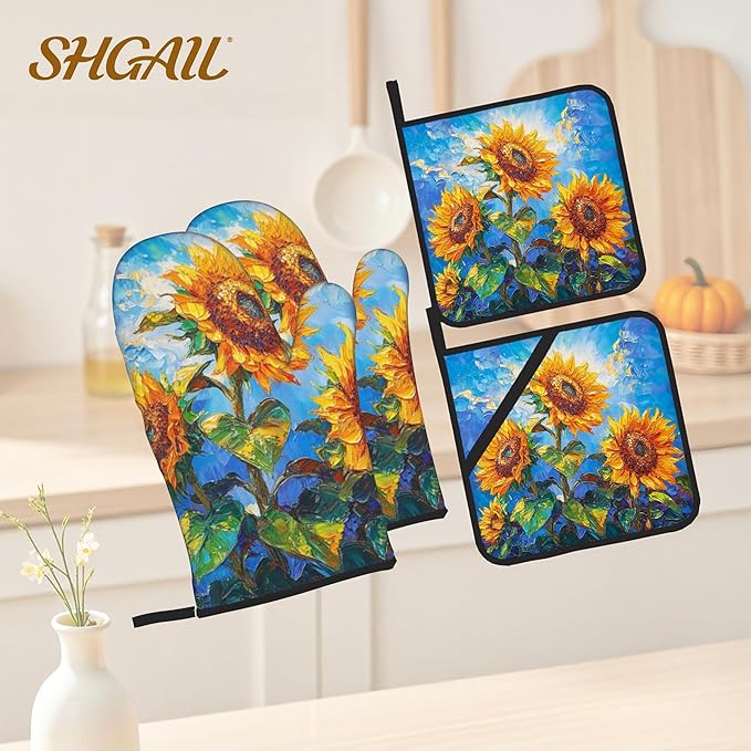 Sunflower Pattern Oven Gloves and Hot Pads Set - Heatproof Hand Protection for Baking, Grilling, Cooking 4Pcs