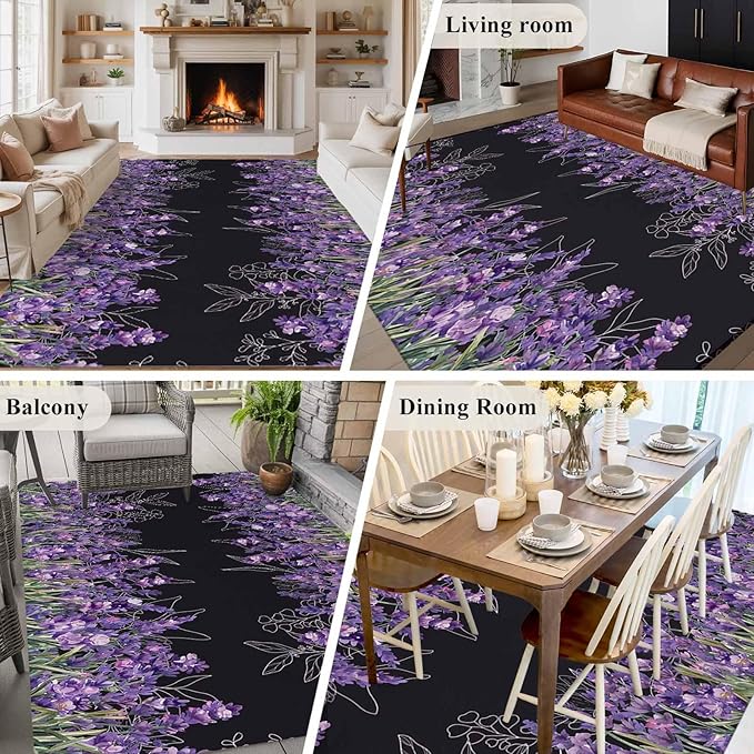 Area Rug 6x9ft, Spring Purple Lavender Flower Washable Rugs for Living Room Bedroom, Watercolor Floral on Black Soft Non-Slip Area Rugs Rectangle Floor Carpet for Dining Room
