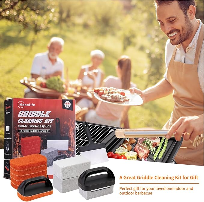 12 PCS Griddle Cleaning Kit for Blackstone, Heavy Duty Flat Top Grill Brush Set with Scraper & Stone – Complete BBQ Accessories for Outdoor Camping