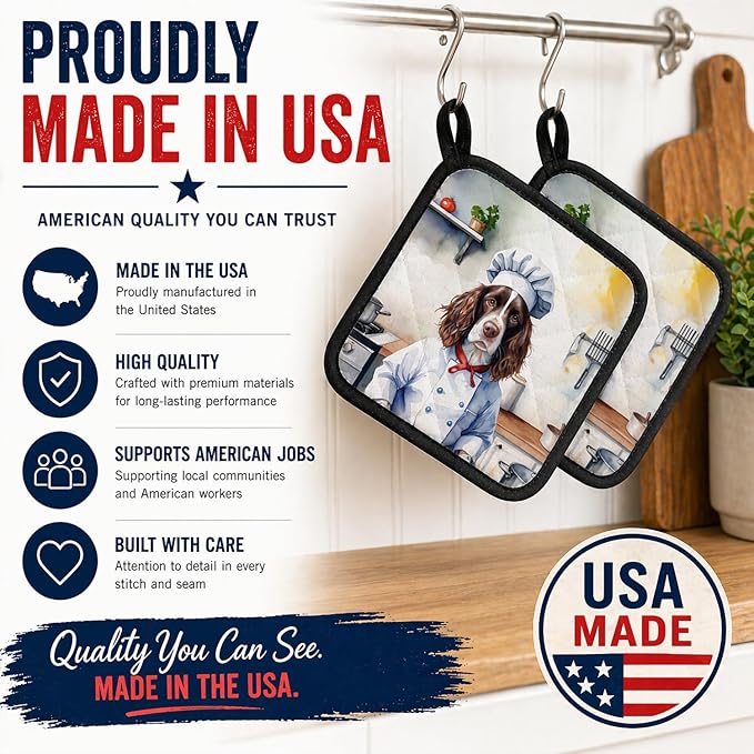 Caroline's Treasures English Springer Spaniel The Chef Pair of Pot Holders Kitchen Heat Resistant Pot Holders Sets Oven Hot Pads for Cooking Baking BBQ, 7 1/2 x 7 1/2