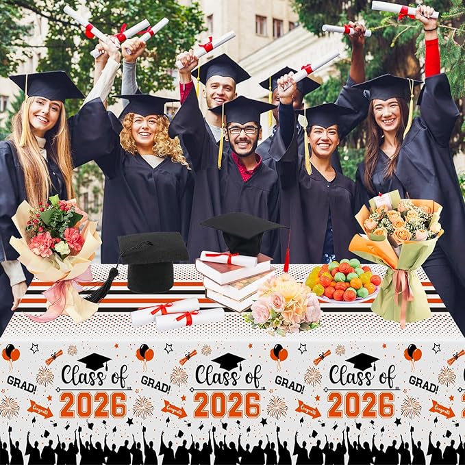 Graduation Decorations Class of 2026 Tablecloth - 3 Pcs Plastic Congrats Grad Table Cloth, Graduation Table Cover for Graduations Party Decorations 2026 and Party Supplies, 54"x108" (Orange and Black)