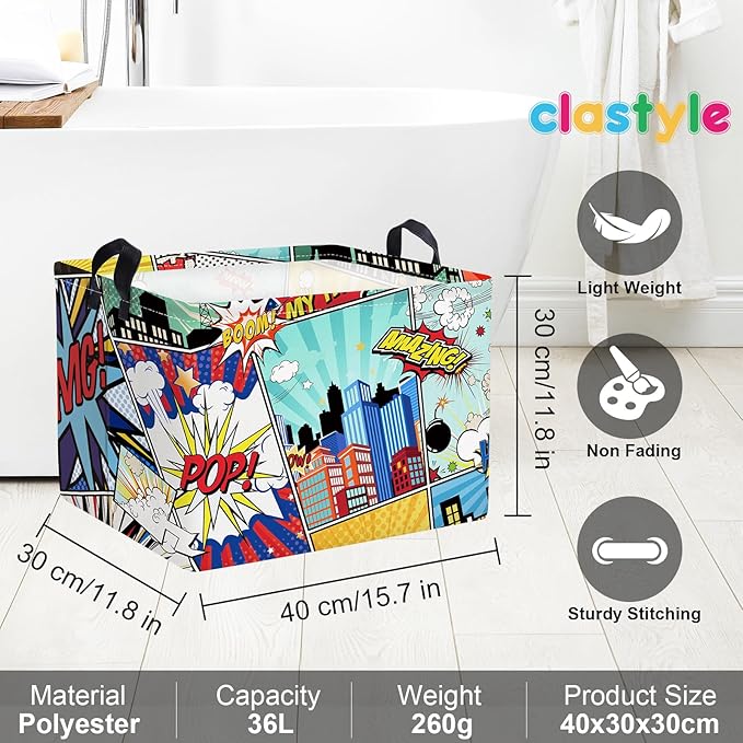 Clastyle 36L Rectangle Blue Comics Hero Kid Storage Basket Collapsible City Building Clothes Toy Nursery Bin Book Shelf Basket