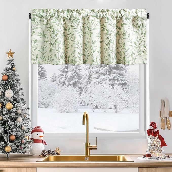Leeva Willow Leaves Printed Curtains Valance - Rod Pocket Semi-Blackout Valance for Kitchen,Bedroom & Living Room, 52 x 18 Inch, Green, One Panel