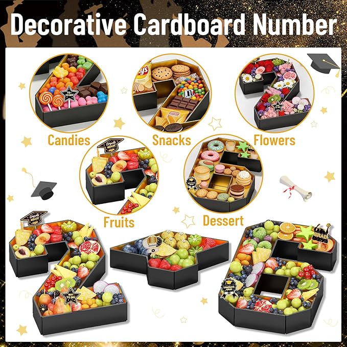 26 Fillable Number for Charcuterie with Grad Cap Shaped Cardboard Tray Black Gold 2026 Graduation Party Table Decorations 13.8'' Pre-cut Board Storage Decorative Paper Mache Box College Grad