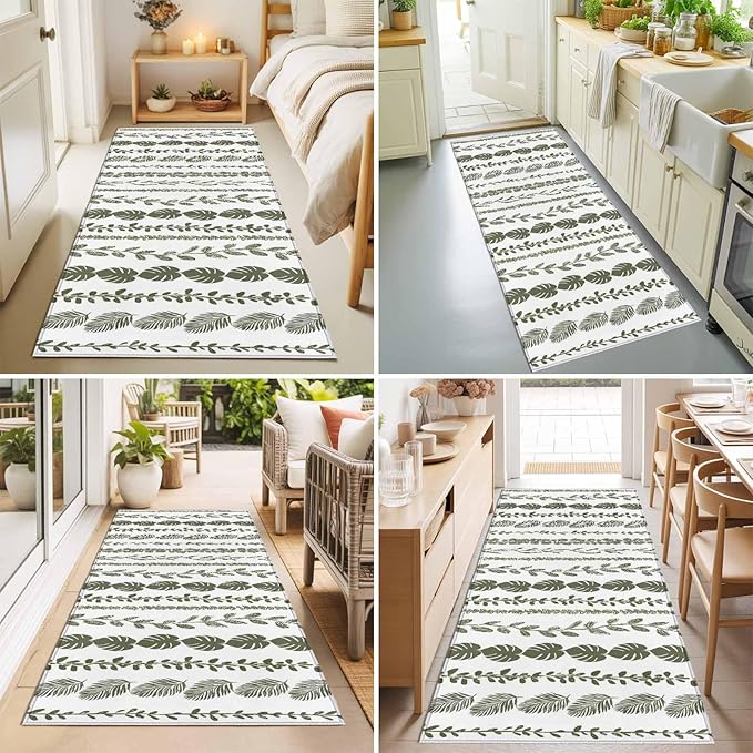 Runner Rug for Bedroom Hallway, Summer Tropical Leaf Seamless Kitchen Runner Rugs Area Rug 2x6ft, Farmhouse Green Leaves Plant Washable Soft Floor Carpet for Entryway Stair