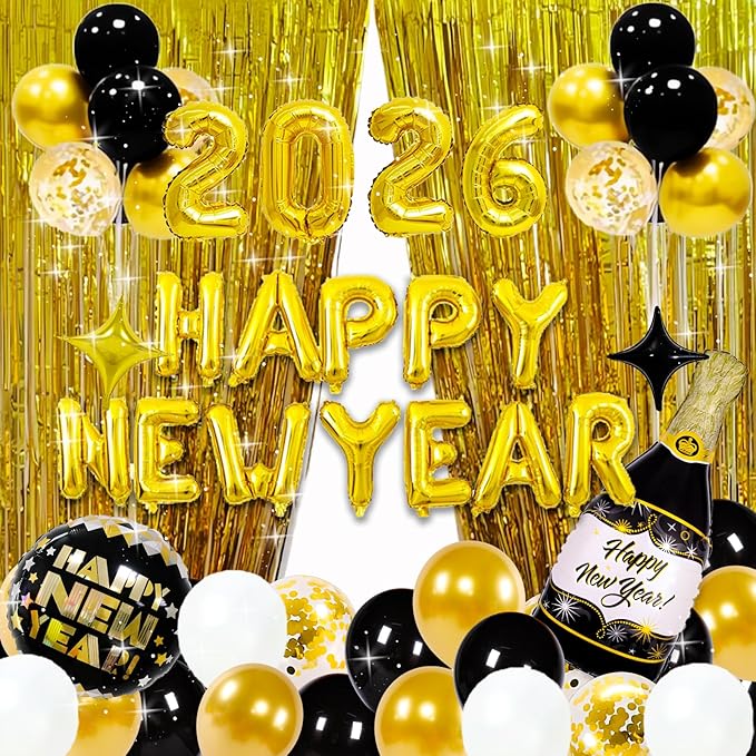 2026 New Year Decorations Kit, 2026 Happy New Years Eve Party Supplies with Foil Balloons Happy New Year Banner, Balloons, Champagne Foil tassel Curtain for New Years Party Decoration