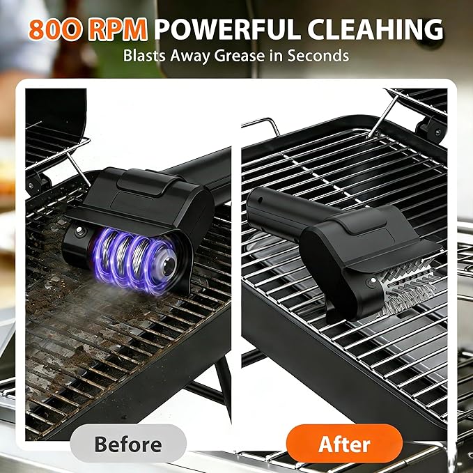 Electric Grill Brush - BBQ Grill Cleaning Tools with 800 RPM Brush Head,3000mAh Battery and 304 Stainless Steel Bristles, Cordless Rechargeable Grill Cleaner for Outdoor (Black)