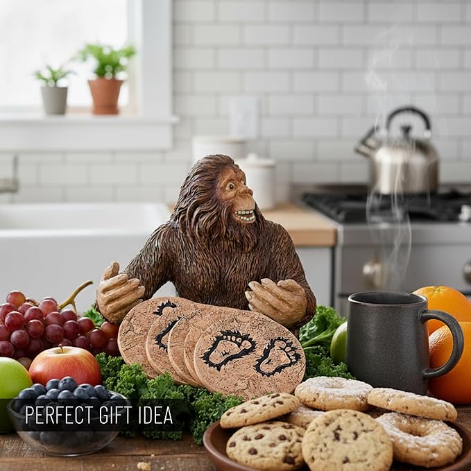 Pine Ridge Rustic Chic Drink Coaster Set with Holder for The Man Cave Old West Decor Rustic Hunter Cabin Theme Cabin Dining Furniture Gun Gifts for Men (Bigfoot Sasquatch Brown)