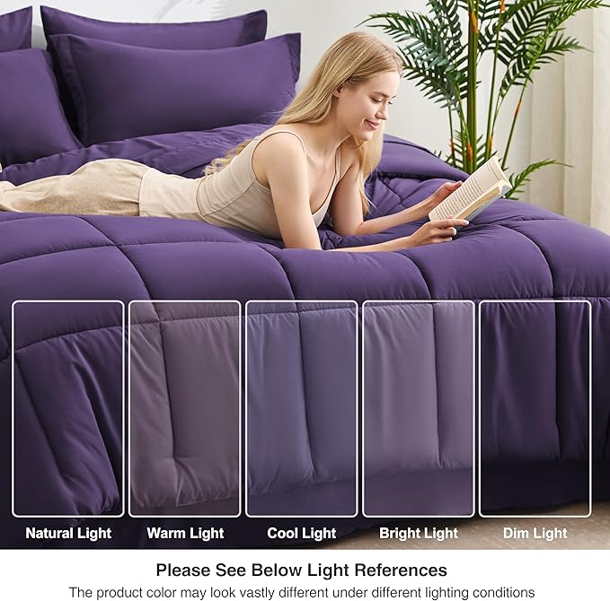 Love's cabin Twin XL Comforter Set Dark Purple, 5 Pieces Twin XL Bed in a Bag, All Season Bedding Sets with 1 Comforter, 1 Flat Sheet, 1 Fitted Sheet, 1 Pillowcase and 1 Pillow Sham | Soft, Breathable, Lightweight, Comfortable