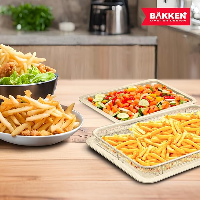Bakken- Swiss Crisper Tray with White Marble Coating - 2-Piece Large Set – Non-Stick Basket for Healthier Cooking in Regular Ovens - Perfect for Crispy Chips, Bacon & More