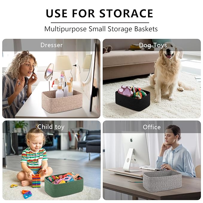 OIASKET 4 Pack Small Storage Shelf Baskets for Organizing, Mini Woven Rope Storage Bins for Towels, Cute Decorative Closet Organizer，Baby Nursery, Gift Empty Baskets -11.81''Lx7.87''Wx4.72''H-Grey