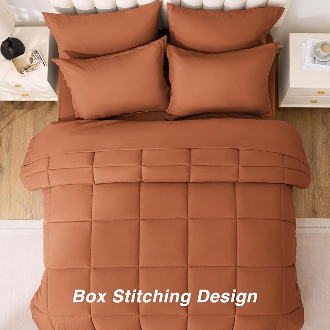 Love's cabin Twin XL Comforter Set Burnt Orange, 5 Pieces Twin XL Bed in a Bag, All Season Bedding Sets with 1 Comforter, 1 Flat Sheet, 1 Fitted Sheet, 1 Pillowcase and 1 Pillow Sham | Soft, Breathable, Lightweight, Comfortable