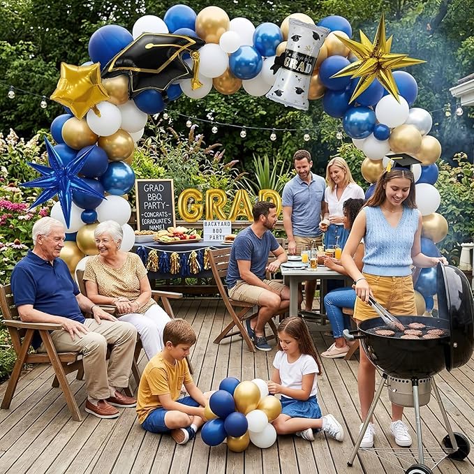 146PCS Graduation Decorations Class of 2026-Blue and Gold Balloon Arch Kit, 3D Explosive Star Foil Balloons, GRAD Letter Balloons, Graduation Cap & Diploma Foil for Congrats Grad Party Supplies