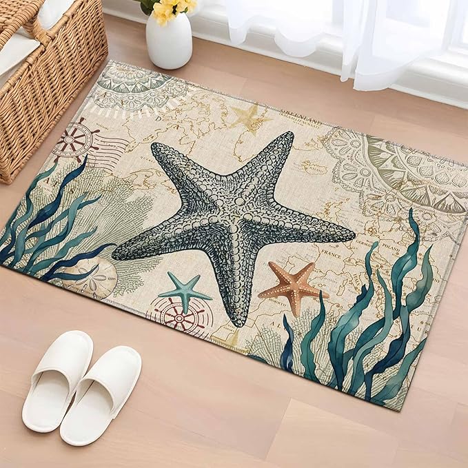 Area Rug 2x3ft, Nautical Starfish Teal Seaweed Starfish Washable Rugs for Living Room Bedroom, Marine Life Soft Non-Slip Area Rugs Rectangle Floor Carpet for Dining Room