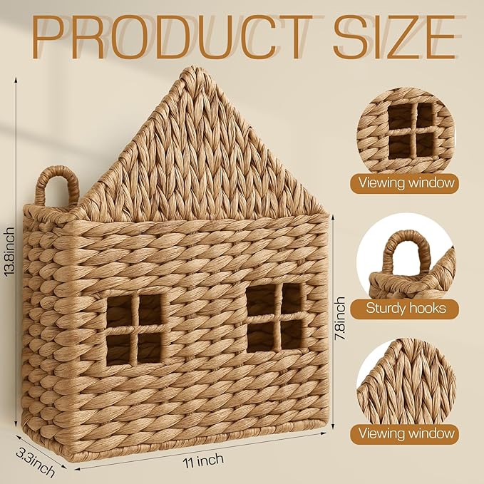Wicker Magazine Holder Wall Basket Hanging Wall Mount Mail Rack Holder Storage Water Hyacinth House Shaped Woven Hanging Basket for Books & Files with Handle Home Office, 13.8 x 11 Inch