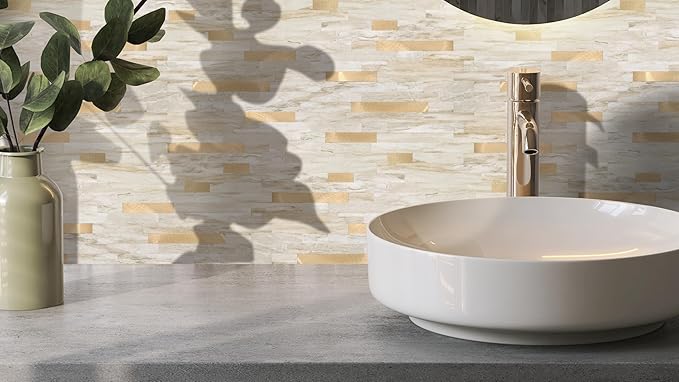 Yipscazo 20 Sheets Peel and Stick Stone Metal Tile Backsplash, Stick on Tiles for Backsplash Kitchen, Bathroom, Laundry Room, Camper, Fireplace (12'' X 12'', Beige Stone with Gold)
