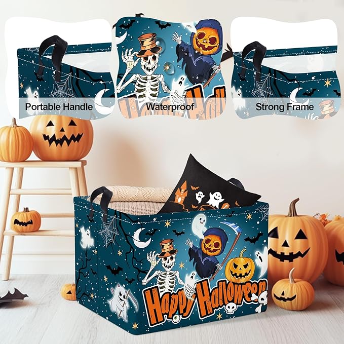 Clastyle Halloween Pumpkin Storage Basket Kid Spooky Book Gift Basket Empty Outdoor Graveyard Jack-o-lantern Boo Bin Baby Nursery Clothes Hamper Toy Box,Skeleton,40*30*30 cm