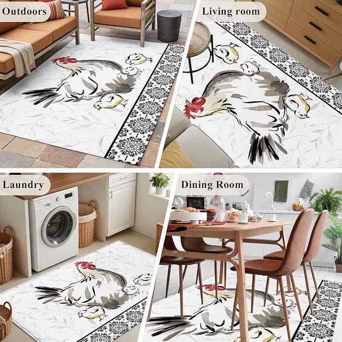Area Rug 3x5ft, Country Farmhouse Rooster Washable Rugs for Living Room Bedroom, Watercolor Animal Flower Pattern Soft Non-Slip Area Rugs Rectangle Floor Carpet for Dining Room