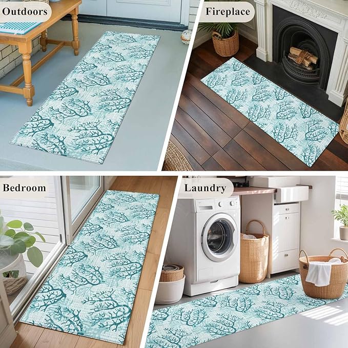 Runner Rug for Bedroom Hallway, Coastal Sea Coral Retro Linen Kitchen Runner Rugs Area Rug 2x6ft, Underwater Ocean Life Washable Soft Floor Carpet for Entryway Stair