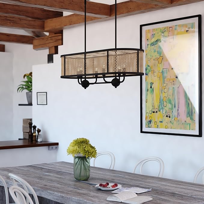 VAXCEL Berens 6L Linear Chandelier Island Pendant Fixture with Rattan Shade, Farmhouse Style Mounted Ceiling Lighting, Matte Black Finish