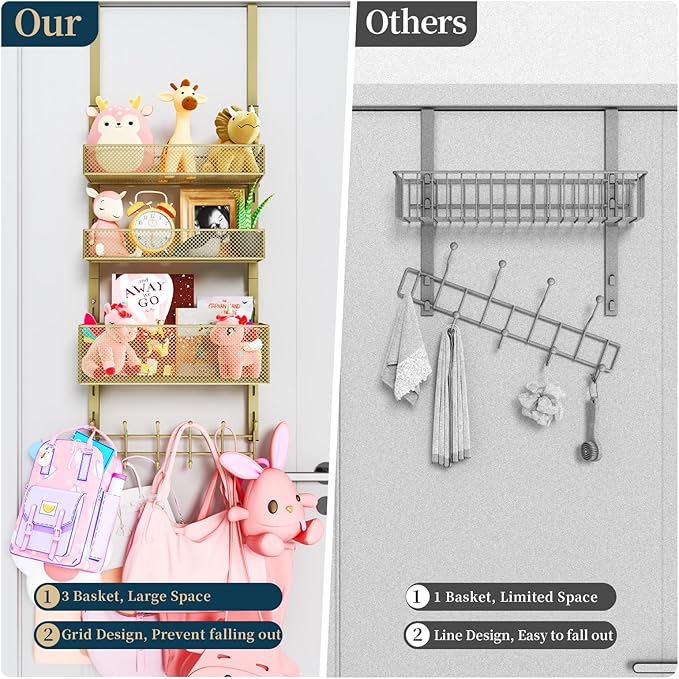 Consumest Over The Door Hooks Organizer - 4 Tier Door Coat Rack with 3 Baskets and 12 Hooks, Stainless Steel Towel Hanger for Bedroom, Bathroom, Living Room, Gold