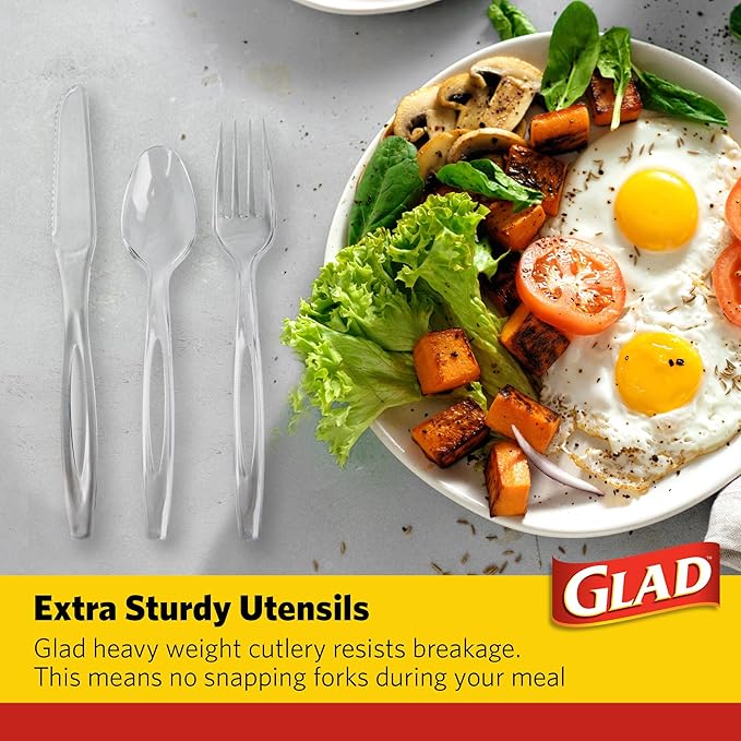 Glad Clear Disposable Cutlery Set with Heavy Duty Plastic Forks, Knives, and Spoons, Reusable Dishwasher Safe Plastic Utensils for Parties and Everyday Use, 24 Count