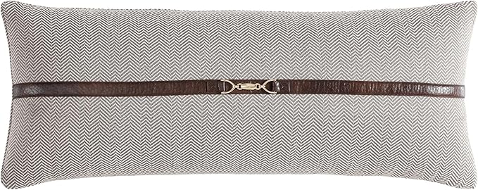 HiEnd Accents Chenille Herringbone Buckle Detailed Lumbar Pillow, 14x36 inch, Taupe, Timeless Classic Modern Rustic Woven Tweed Luxury Bedding Pillow Covers
