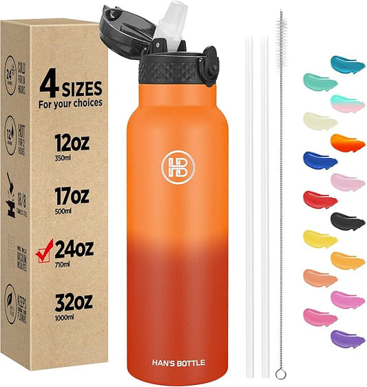 Han's Bottle Sports Water Bottle - 24 Oz, Straw Lid, Leak Proof, Vacuum Insulated Stainless Steel, Double Walled, Thermo Mug,Fire