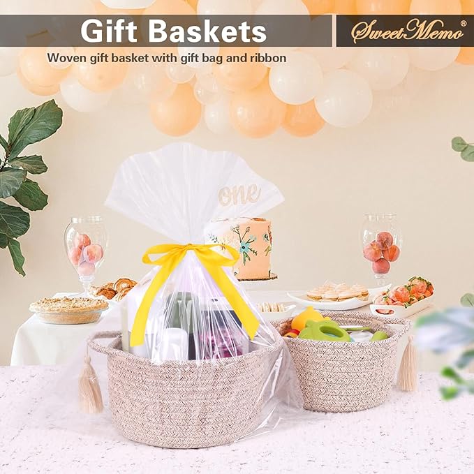 Small Gift Basket Empty Set of 2 - Little Cute Woven Rope Organizer Bins for Baby Shower Gifting, Makeup, Bathroom, Desk, Decorative Vanity - Pre-Shaped, Brown