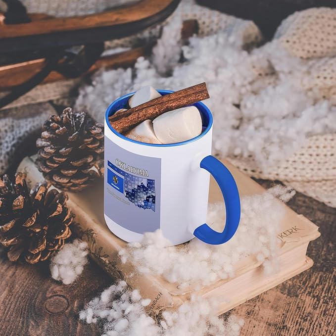 3dRose Map, flag and nickname of Oklahoma, all counties colored and labeled 15oz Two-Tone Blue Mug
