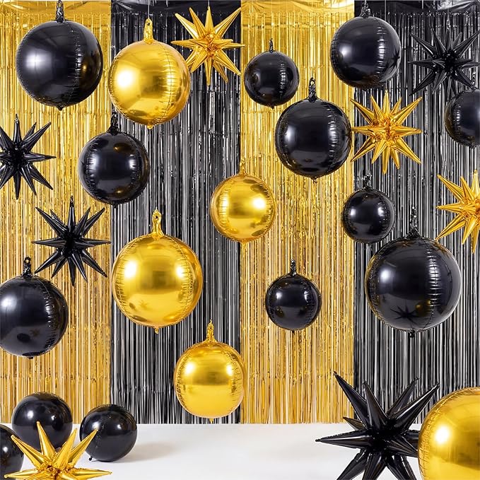 Seenelling 25 Pcs Black and Gold Graduation Party Decorations 2026 Sets 22 Inch 4d Large Stars Balloons with Metallic Tinsel Foil Fringe Backdrop Curtains for Roaring 20s Party Birthday Wedding Decor